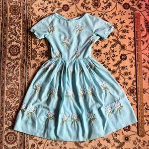 Vintage 1950’s 1960's Powder Blue embroidered floral roses sheer midi Sundress